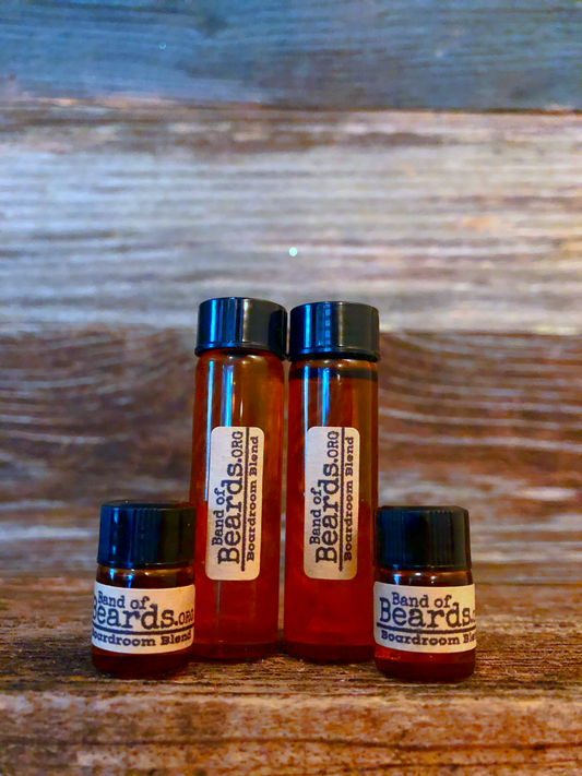 Boardroom Blend beard oil travel set, four TSA-friendly mini bottles by Band of Beards