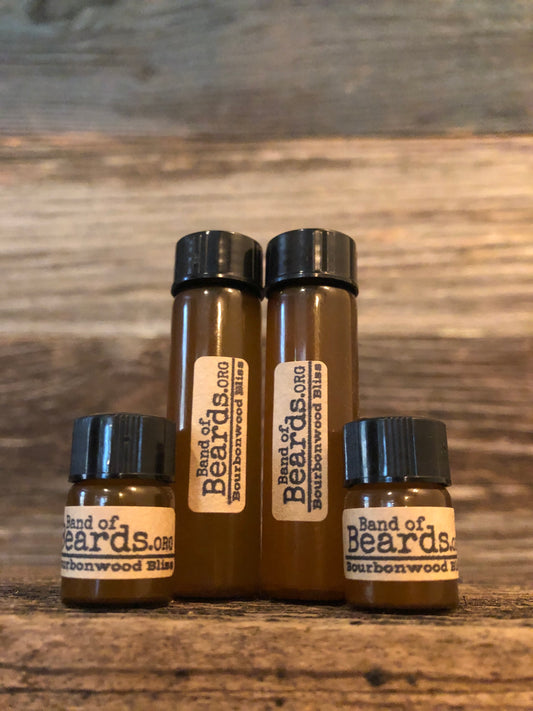 Bourbonwood Bliss beard oil travel set, four TSA-friendly mini bottles by Band of Beards